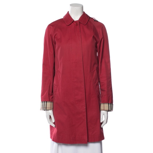 Burberry Trench Coat Red Size 2. Sleeves fold back to reveal Burberry Plaid. EUC
